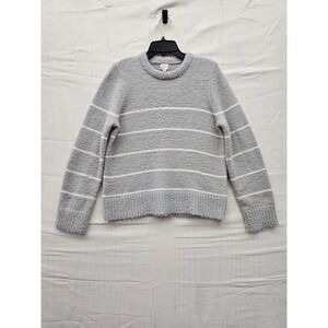 A New Day Womens Grey White Striped Fuzzy Crewneck Sweater XS Recycled Polyester